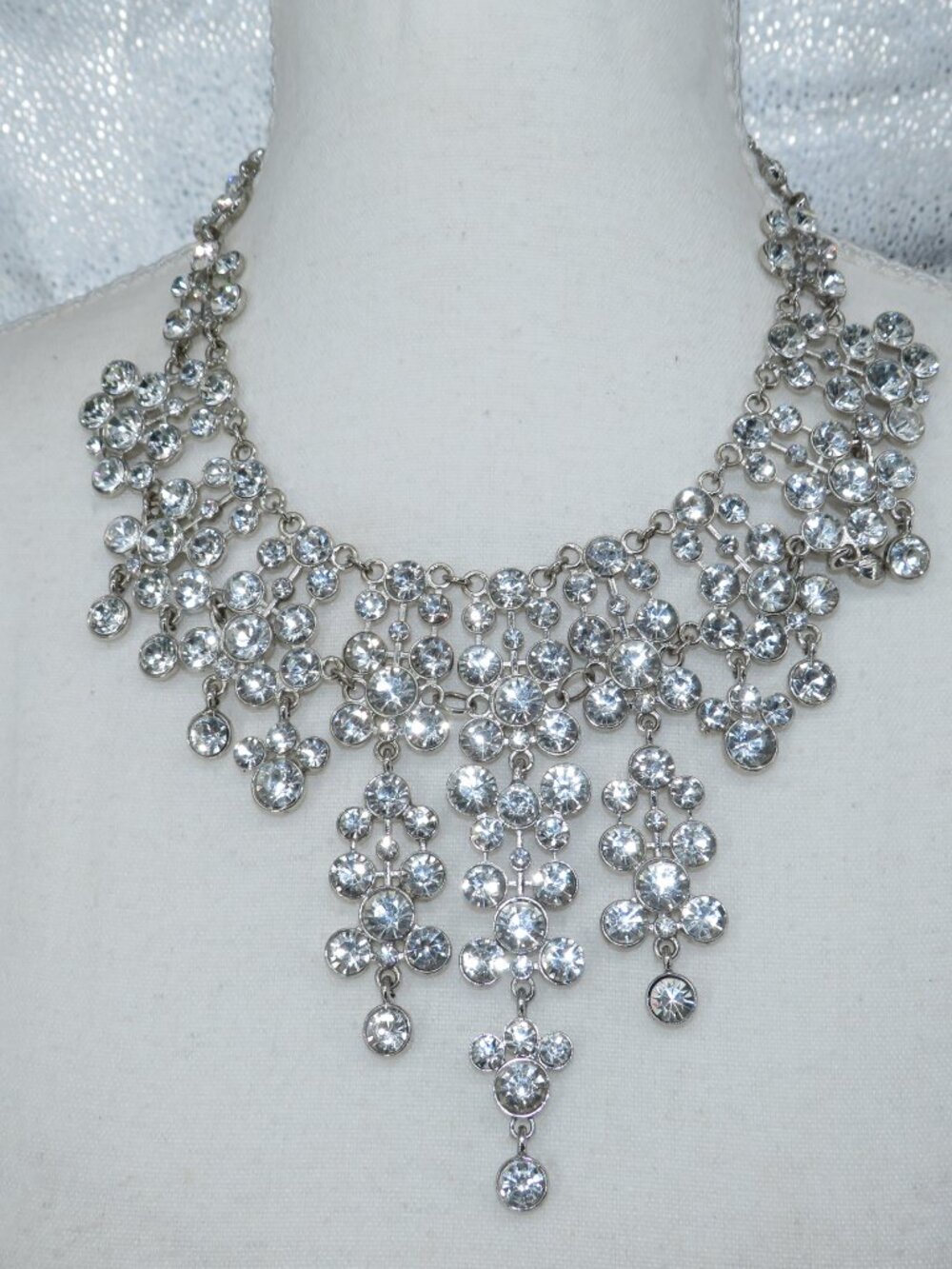 Rhinestone Statement Necklace Silver Natasha Crystal Choker Formal Bib One Size